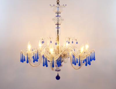 Hand Crafted Mouth Blown Blue Venetian Murano Glass Six Arm Chandelier