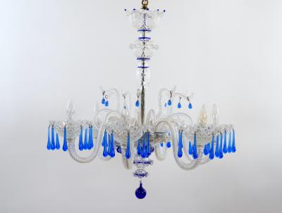 Hand Crafted Mouth Blown Blue Venetian Murano Glass Six Arm Chandelier