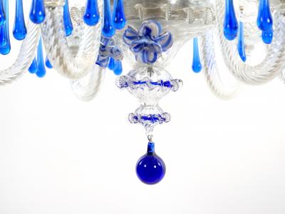 Hand Crafted Mouth Blown Blue Venetian Murano Glass Six Arm Chandelier