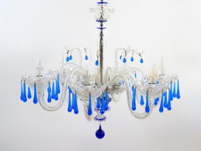 Hand Crafted Mouth Blown Blue Venetian Murano Glass Six Arm Chandelier