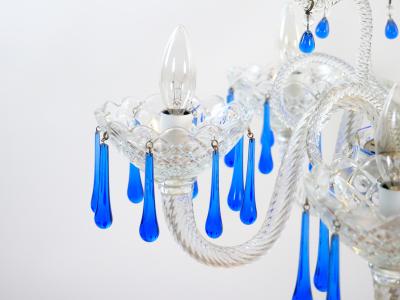 Hand Crafted Mouth Blown Blue Venetian Murano Glass Six Arm Chandelier