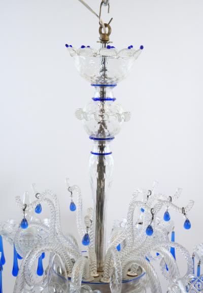 Hand Crafted Mouth Blown Blue Venetian Murano Glass Six Arm Chandelier