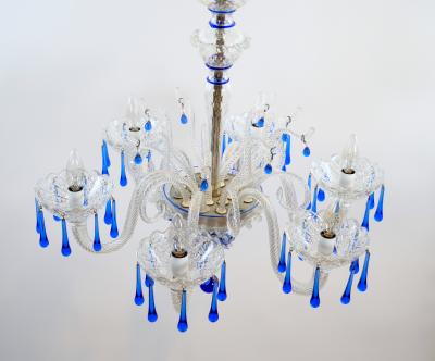 Hand Crafted Mouth Blown Blue Venetian Murano Glass Six Arm Chandelier