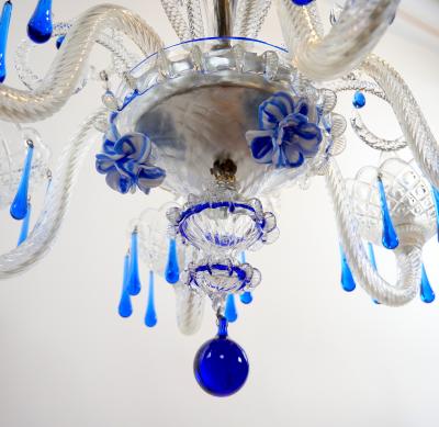 Hand Crafted Mouth Blown Blue Venetian Murano Glass Six Arm Chandelier