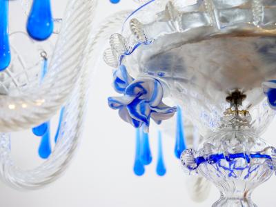 Hand Crafted Mouth Blown Blue Venetian Murano Glass Six Arm Chandelier