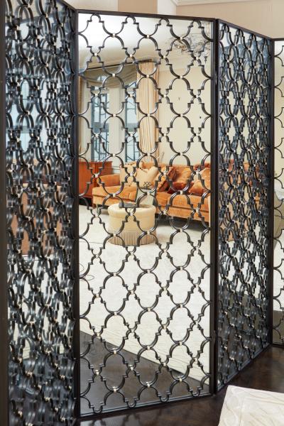 Hand Crafted Wrought Iron and Mirrored 4 Panel Screen
