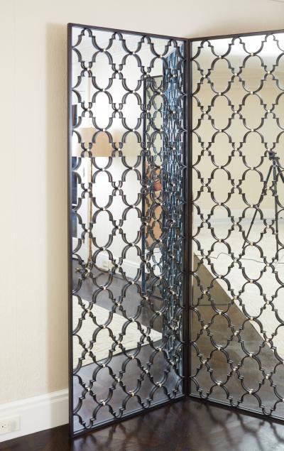 Hand Crafted Wrought Iron and Mirrored 4 Panel Screen