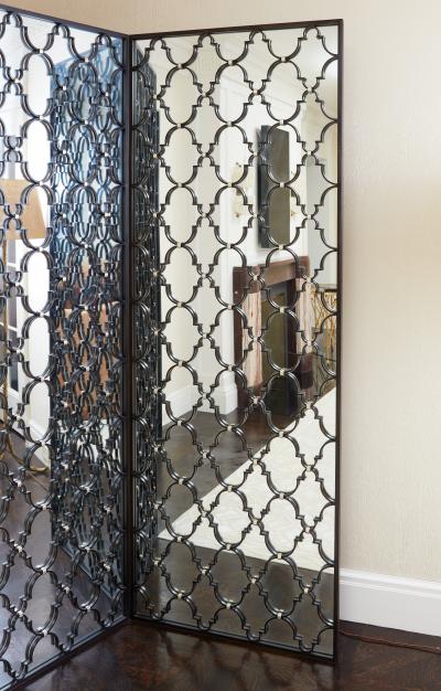 Hand Crafted Wrought Iron and Mirrored 4 Panel Screen