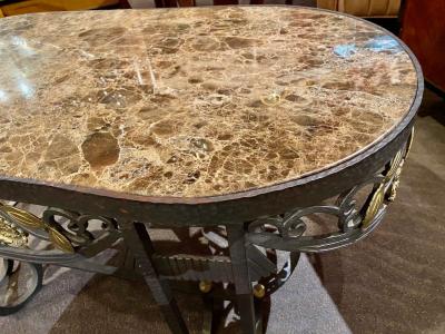Hand Forged Iron Oval Custom Art Deco Coffee Table with Marble Top