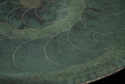 Hand Hammered Art Deco Centerpiece Bowl in Verdigris Patinated Copper 1930s
