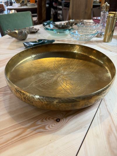 Hand Hammered Brass Centerpiece Bowl with Engraved Floral Motif 1970s