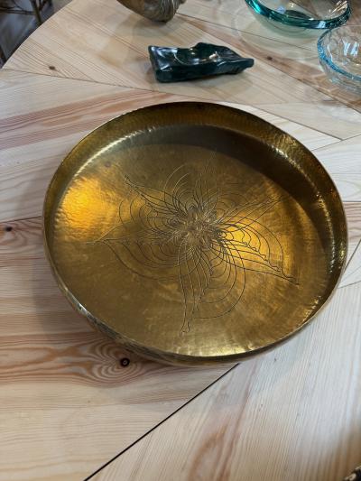 Hand Hammered Brass Centerpiece Bowl with Engraved Floral Motif 1970s
