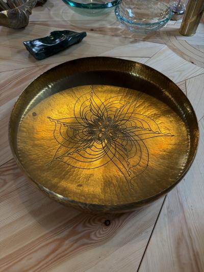 Hand Hammered Brass Centerpiece Bowl with Engraved Floral Motif 1970s