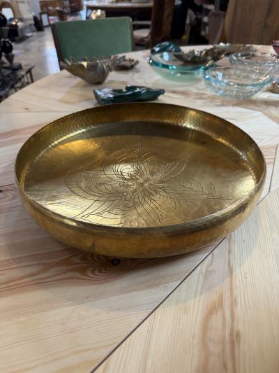 Hand Hammered Brass Centerpiece Bowl with Engraved Floral Motif 1970s