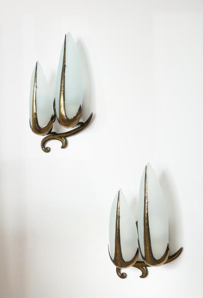 Hand Hammered Brass and Opaline Sconce Italy c 1940 Pair Available 
