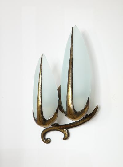 Hand Hammered Brass and Opaline Sconce Italy c 1940 Pair Available 