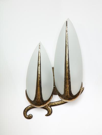 Hand Hammered Brass and Opaline Sconce Italy c 1940 Pair Available 