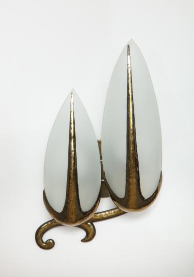 Hand Hammered Brass and Opaline Sconce Italy c 1940 Pair Available 