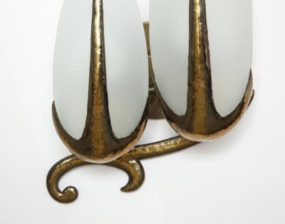 Hand Hammered Brass and Opaline Sconce Italy c 1940 Pair Available 