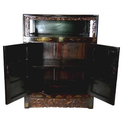 Hand Painted Black Lacquered Two Piece Cabinet