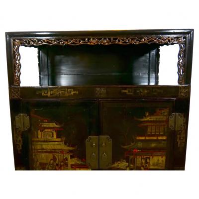 Hand Painted Black Lacquered Two Piece Cabinet