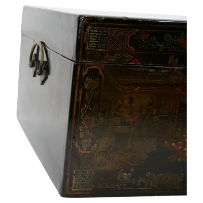 Hand Painted Black Lacquered Two Piece Cabinet