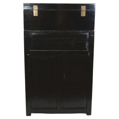 Hand Painted Black Lacquered Two Piece Cabinet