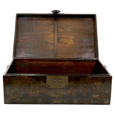 Hand Painted Black Lacquered Two Piece Cabinet