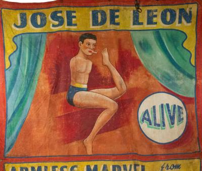 Hand Painted Circus Banner of Armless Wonder