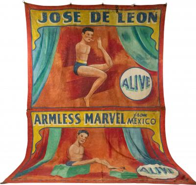 Hand Painted Circus Banner of Armless Wonder