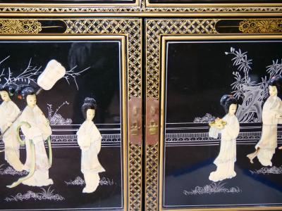 Hand Painted Decorated Black Lacquer Giltwood China Cabinet