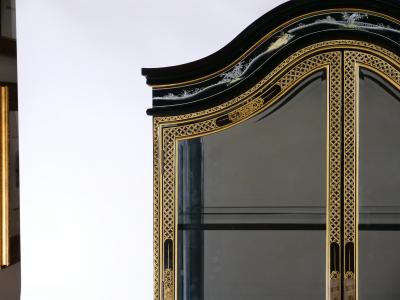 Hand Painted Decorated Black Lacquer Giltwood China Cabinet
