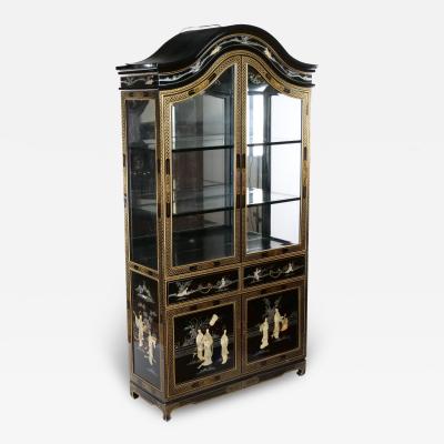 Hand Painted Decorated Black Lacquer Giltwood China Cabinet