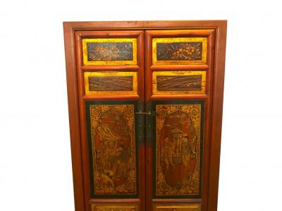 Hand Painted Red Gilt Wood Chinoiserie Decorated Cabinet