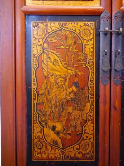 Hand Painted Red Gilt Wood Chinoiserie Decorated Cabinet