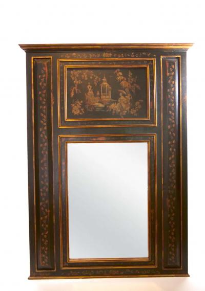 Hand Painted Wood Chinoiserie Panels Trumeau Mirror