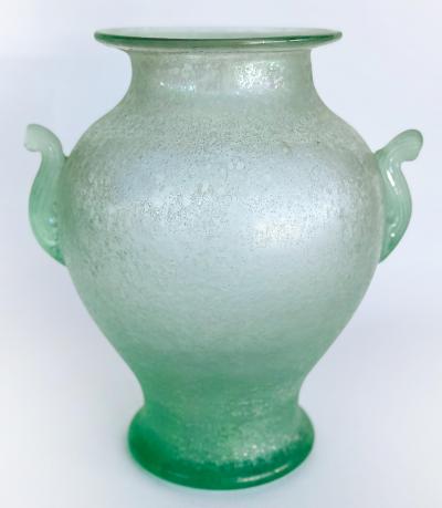 Hand blown Murano Celadon Venetian Scavo Glass Urn Vase 2 Handles