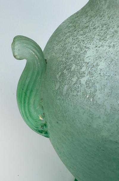 Hand blown Murano Celadon Venetian Scavo Glass Urn Vase 2 Handles
