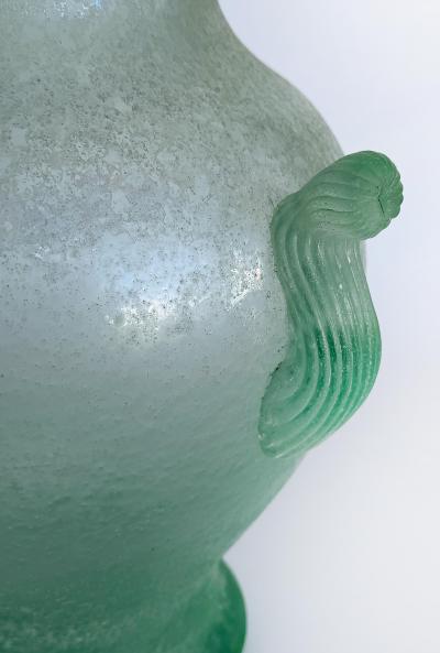 Hand blown Murano Celadon Venetian Scavo Glass Urn Vase 2 Handles