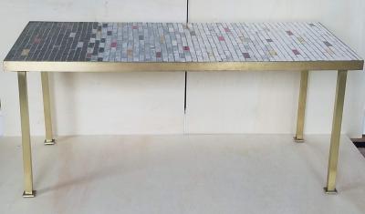 Handcrafted Studio Ceramic Tile Mosaic and Brass Coffee Table circa 1950