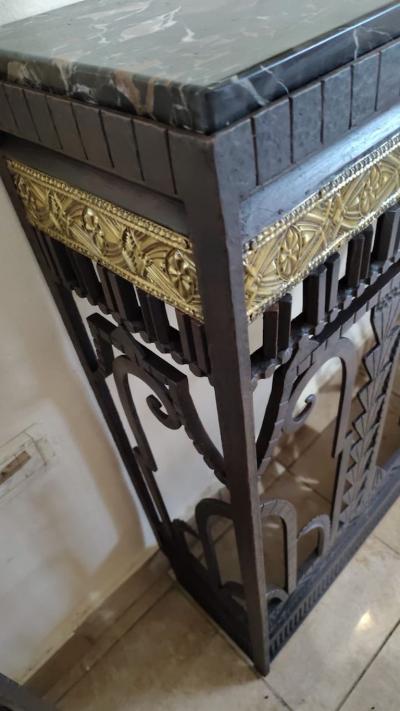 Handmade French Art Deco Style Fer Forg Iron Console with Portoro Marble Top
