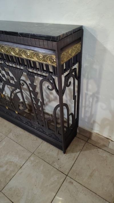 Handmade French Art Deco Style Fer Forg Iron Console with Portoro Marble Top