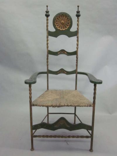 Handmade Italian Midcentury Iron and Straw Rattan Stool or Bench