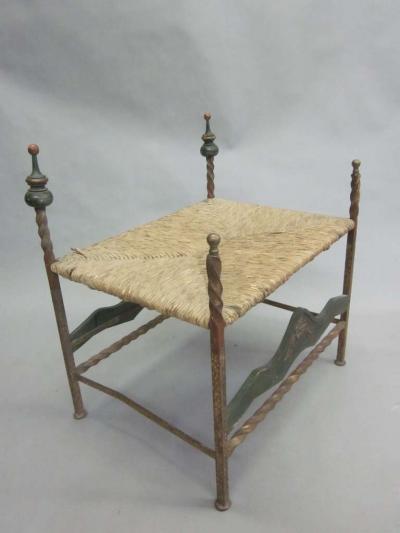 Handmade Italian Midcentury Iron and Straw Rattan Stool or Bench