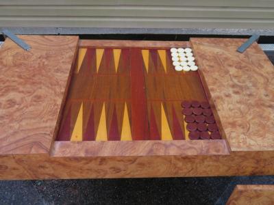 Handsome Burl Laminate Game Table Desk with Lucite Chair