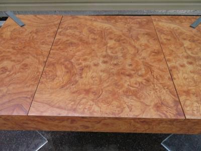 Handsome Burl Laminate Game Table Desk with Lucite Chair