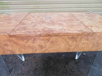 Handsome Burl Laminate Game Table Desk with Lucite Chair