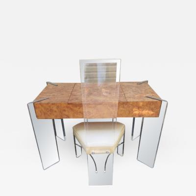 Handsome Burl Laminate Game Table Desk with Lucite Chair