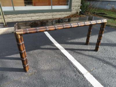 Handsome Chunky Faux Bamboo Campaign Style Console Table Mid Century Modern