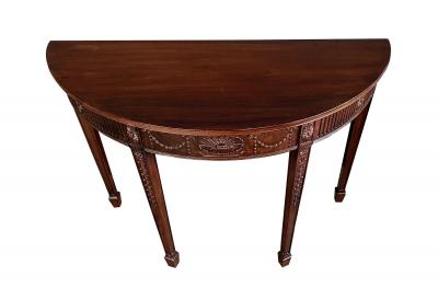 Handsome English George III Hepplewhite Style Carved Mahogany Demilune Table